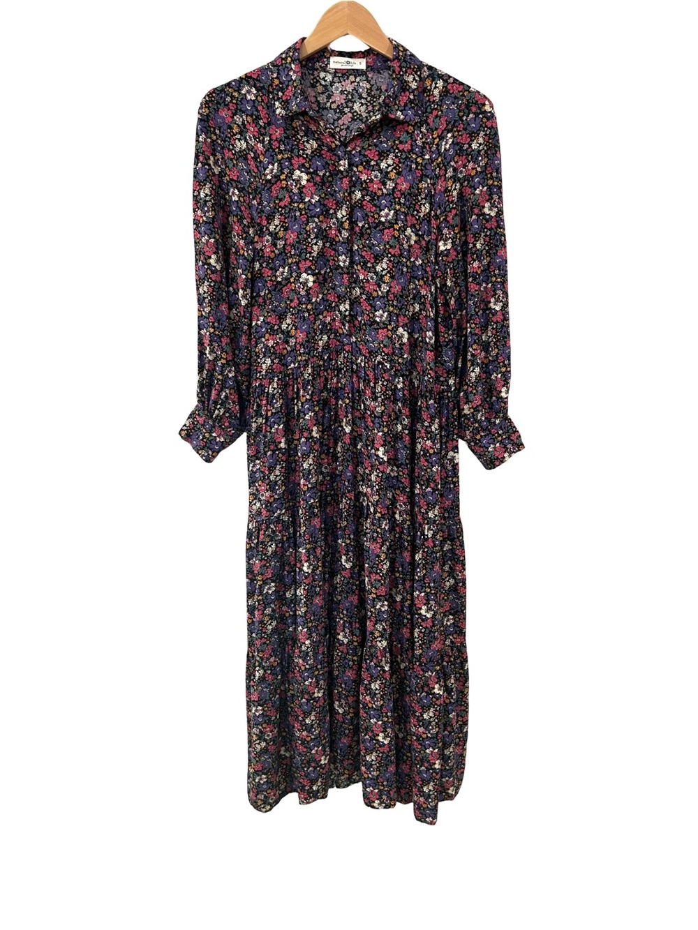 Natural Life Floral midi Maxi Shirt Dress S black purple teal boho tiered pocket